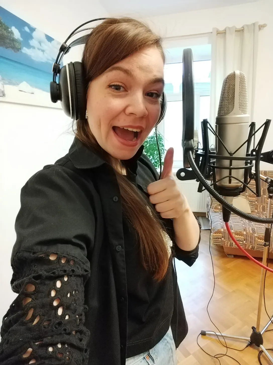 Кабинет оборудован микрофоном, поп-фильтром и наушниками для записи